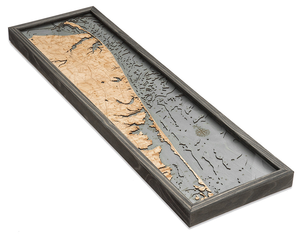 New Jersey North Shore 3D layered wood map in laser-cut Baltic birch, shown framed against a light wall