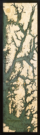 Inside Passage, Alaska 3D layered wood map in laser-cut Baltic birch, shown framed against a light wall