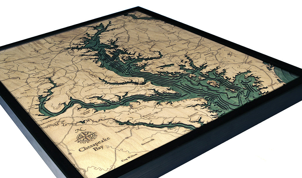 Chesapeake Bay, Maryland 3D layered wood map in laser-cut Baltic birch, shown framed against a light wall