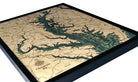 Chesapeake Bay, Maryland 3D layered wood map in laser-cut Baltic birch, shown framed against a light wall