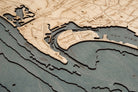 San Diego, California 3D layered wood map in laser-cut Baltic birch, shown framed against a light wall