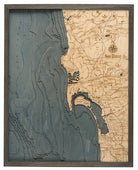 San Diego, California 3D layered wood map in laser-cut Baltic birch, shown framed against a light wall