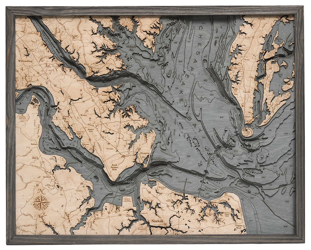 Norfolk, Virginia 3D layered wood map in laser-cut Baltic birch, shown framed against a light wall