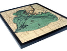 Lake St. Clair, Michigan 3D layered wood map in laser-cut Baltic birch, shown framed against a light wall