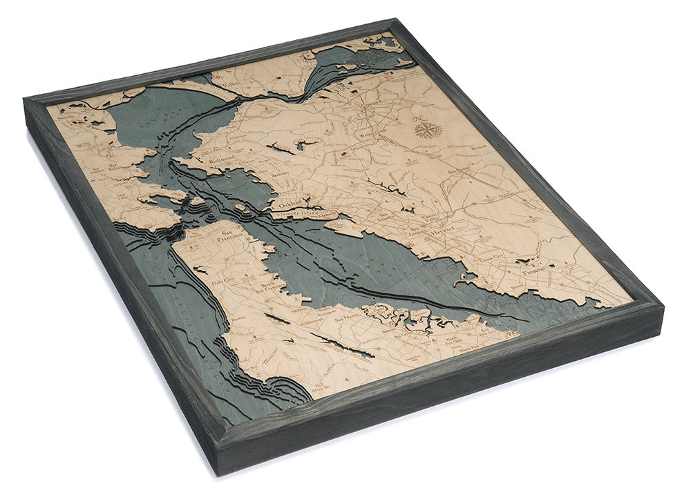 San Francisco, California 3D layered wood map in laser-cut Baltic birch, shown framed against a light wall