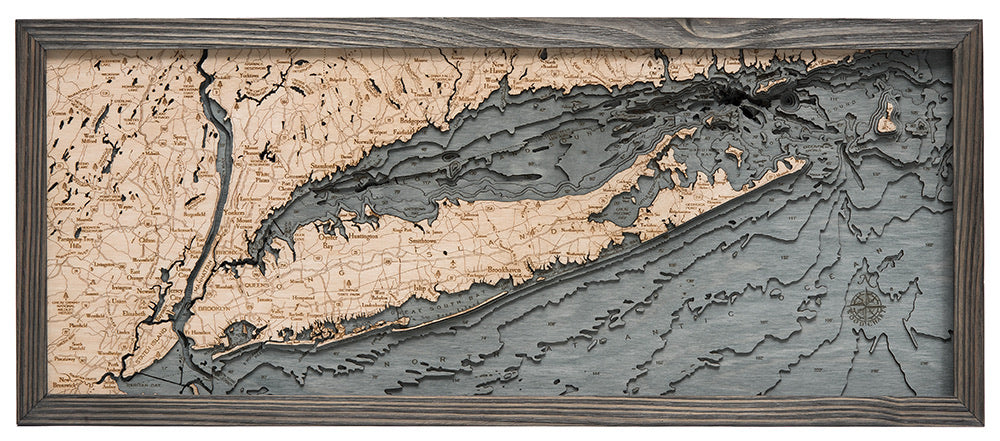 Long Island Sound 3D layered wood map in laser-cut Baltic birch, shown framed against a light wall