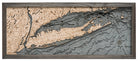 Long Island Sound 3D layered wood map in laser-cut Baltic birch, shown framed against a light wall