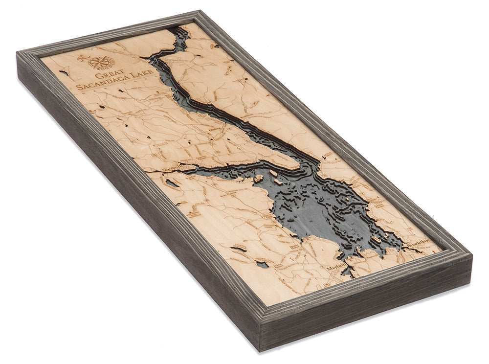 Great Sacandaga Lake, New York 3D layered wood map in laser-cut Baltic birch, shown framed against a light wall