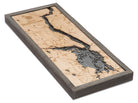 Great Sacandaga Lake, New York 3D layered wood map in laser-cut Baltic birch, shown framed against a light wall