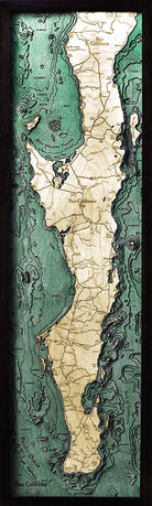 Baja California, Mexico 3D layered wood map in laser-cut Baltic birch, shown framed against a light wall