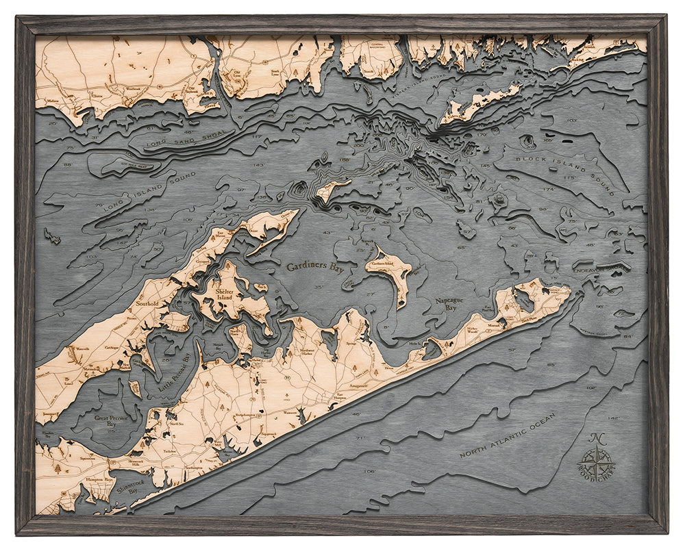 East Long Island Sound 3D layered wood map in laser-cut Baltic birch, shown framed against a light wall