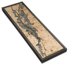 Lake Champlain 3D layered wood map in laser-cut Baltic birch, shown framed against a light wall