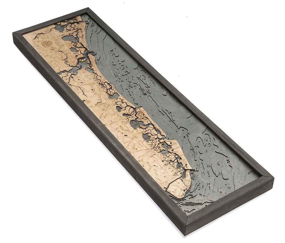 New Jersey South Shore 3D layered wood map in laser-cut Baltic birch, shown framed against a light wall