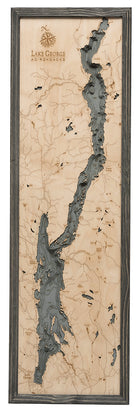Lake George, New York 3D layered wood map in laser-cut Baltic birch, shown framed against a light wall