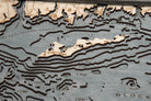 East Long Island Sound 3D layered wood map in laser-cut Baltic birch, shown framed against a light wall