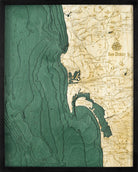 San Diego, California 3D layered wood map in laser-cut Baltic birch, shown framed against a light wall