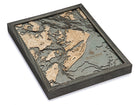 Hilton Head, South Carolina 3D layered wood map in laser-cut Baltic birch, shown framed against a light wall