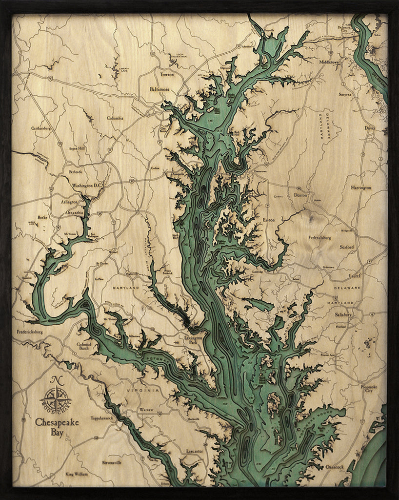 Chesapeake Bay, Maryland 3D layered wood map in laser-cut Baltic birch, shown framed against a light wall