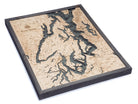 Puget Sound, Washington 3D layered wood map in laser-cut Baltic birch, shown framed against a light wall