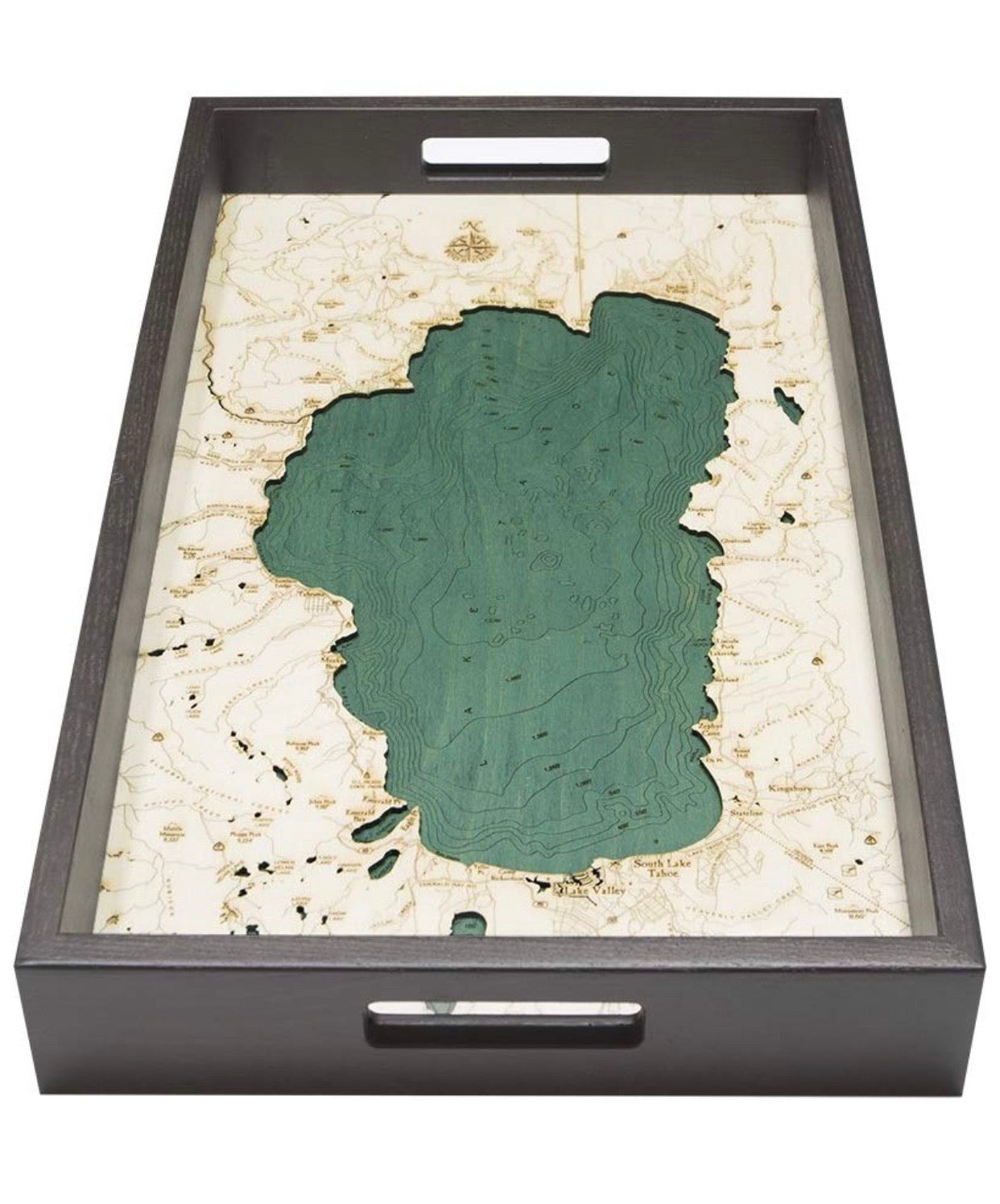 Lake Tahoe, California wood serving tray in laser-cut Baltic birch, shown framed against a light wall