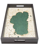 Lake Tahoe, California wood serving tray in laser-cut Baltic birch, shown framed against a light wall