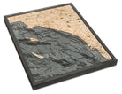 LA to San Diego, California 3D layered wood map in laser-cut Baltic birch, shown framed against a light wall