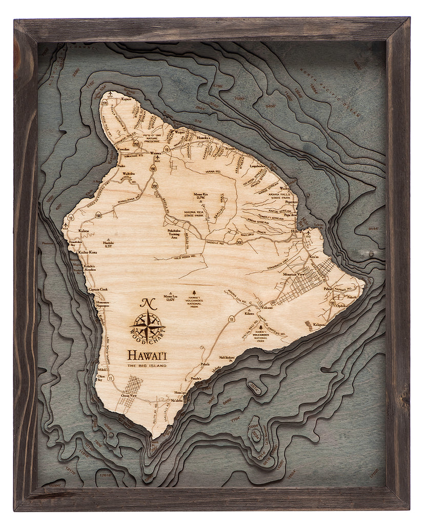 Hawaii (The Big Island) Wood Carved Topographic Depth Chart / Map