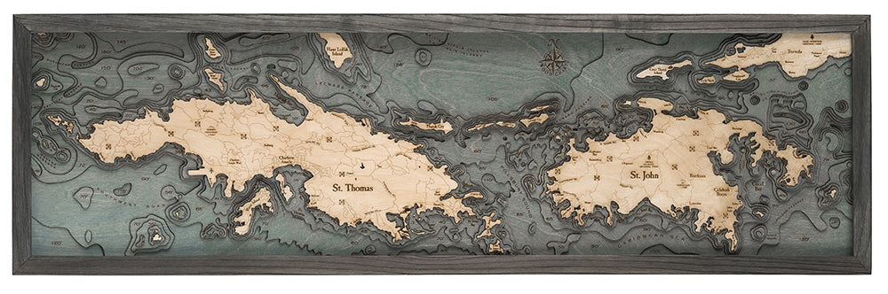 Virgin Islands, Caribbean 3D layered wood map in laser-cut Baltic birch, shown framed against a light wall