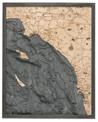 LA to San Diego, California 3D layered wood map in laser-cut Baltic birch, shown framed against a light wall