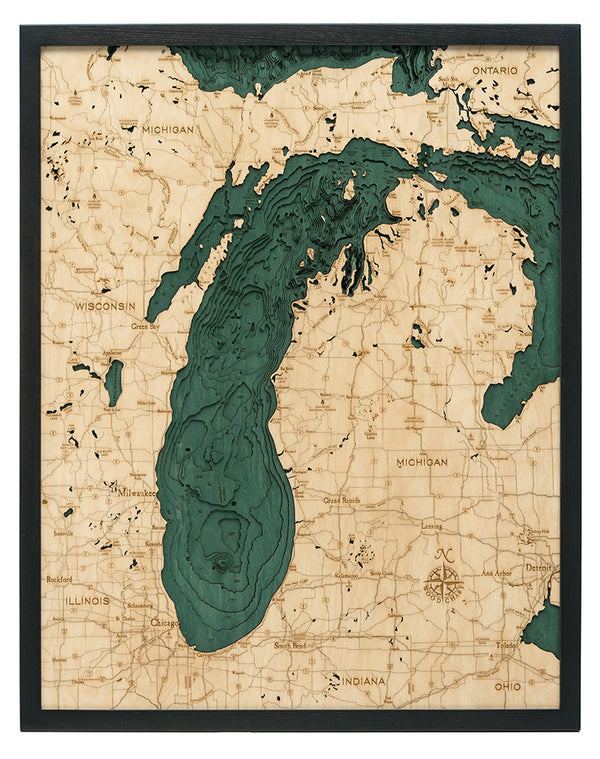 Lake Michigan Wood Carved Topographic Depth Chart / Map - Nautical Lake Art