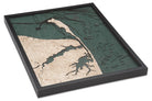 Rumson, New Jersey 3D layered wood map in laser-cut Baltic birch, shown framed against a light wall