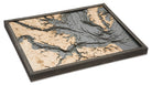 Norfolk, Virginia 3D layered wood map in laser-cut Baltic birch, shown framed against a light wall