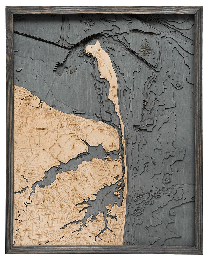 Rumson, New Jersey 3D layered wood map in laser-cut Baltic birch, shown framed against a light wall