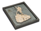 Block Island, Rhode Island 3D layered wood map in laser-cut Baltic birch, shown framed against a light wall