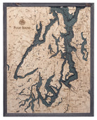 Puget Sound, Washington 3D layered wood map in laser-cut Baltic birch, shown framed against a light wall