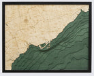 Toronto, Ontario 3D layered wood map in laser-cut Baltic birch, shown framed against a light wall