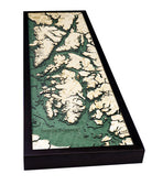 Inside Passage, Alaska 3D layered wood map in laser-cut Baltic birch, shown framed against a light wall