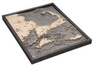 Cape Cod, Massachusetts 3D layered wood map in laser-cut Baltic birch, shown framed against a light wall