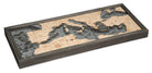 Mediterranean Sea 3D layered wood map in laser-cut Baltic birch, shown framed against a light wall