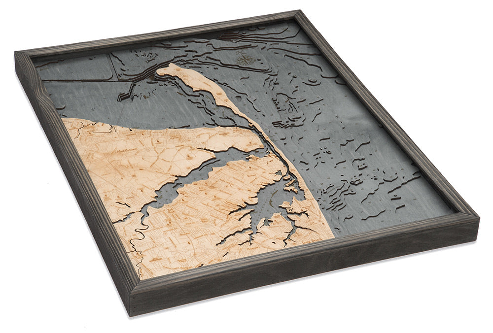 Rumson, New Jersey 3D layered wood map in laser-cut Baltic birch, shown framed against a light wall