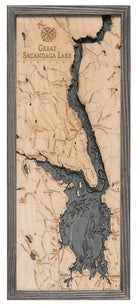 Great Sacandaga Lake, New York 3D layered wood map in laser-cut Baltic birch, shown framed against a light wall