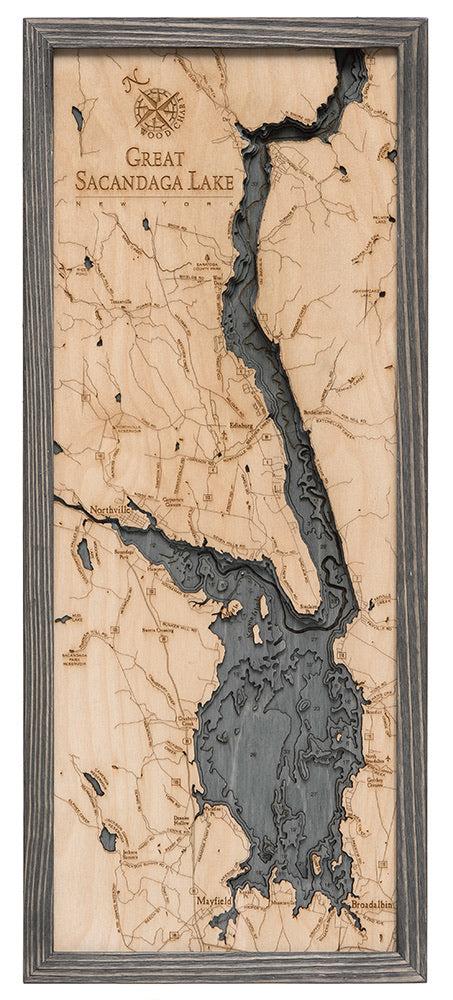 Great Sacandaga Lake, New York 3D layered wood map in laser-cut Baltic birch, shown framed against a light wall