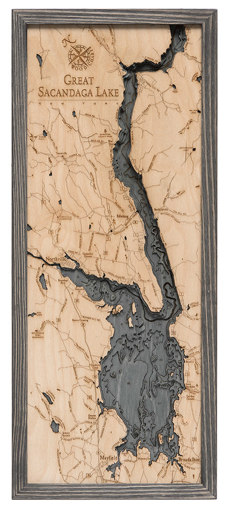 Great Sacandaga Lake Wood Carved Topographic Depth Chart / Map