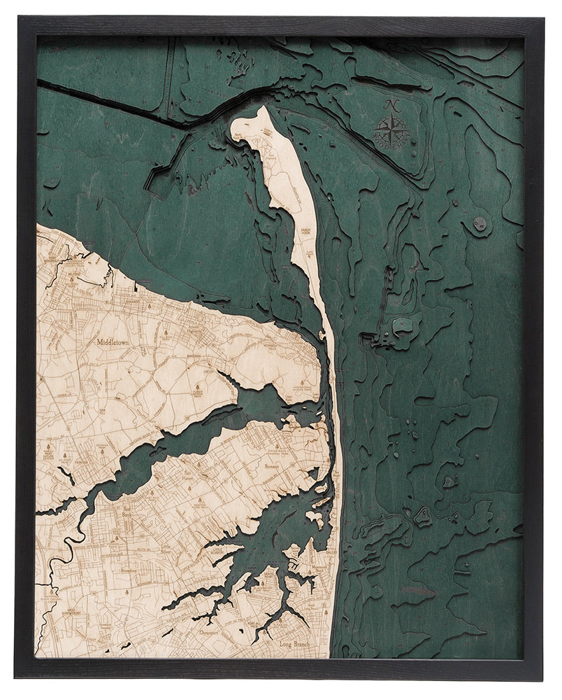 Rumson, New Jersey 3D layered wood map in laser-cut Baltic birch, shown framed against a light wall