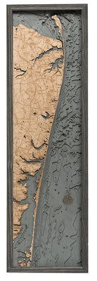New Jersey North Shore 3D layered wood map in laser-cut Baltic birch, shown framed against a light wall