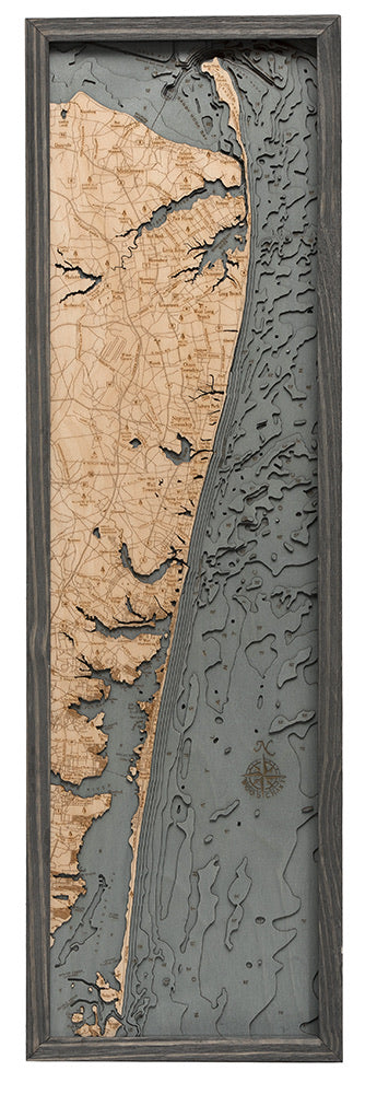 New Jersey North Shore 3D layered wood map in laser-cut Baltic birch, shown framed against a light wall