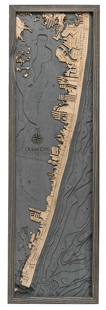 Ocean City, MD Wood Carved Topographic Depth Chart / Map